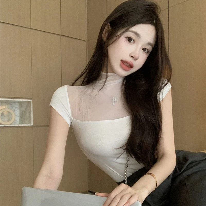 Винтажные футболки, женская уличная одежда, летняя прозрачная эстетика, горячая сладость, Корейский стиль, женский универсальный Повседневный Простой Y2k Элегантный Изображение 1