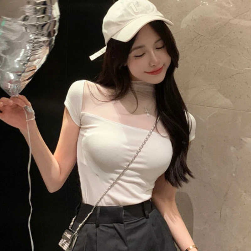Винтажные футболки, женская уличная одежда, летняя прозрачная эстетика, горячая сладость, Корейский стиль, женский универсальный Повседневный Простой Y2k Элегантный Изображение 3
