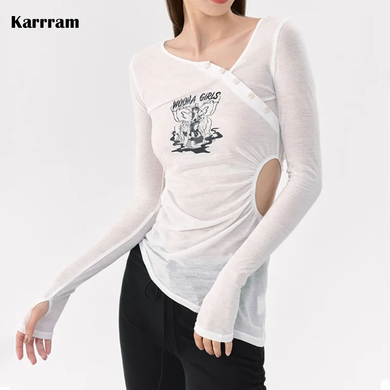Karrram Корейская уличная женская футболка с длинным рукавом неправильной формы; Дизайнерская одежда с открытым вырезом; Прозрачные Сексуальные тонкие топы Изображение 0