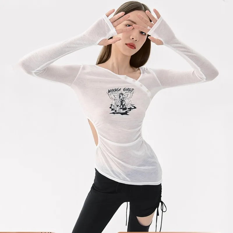 Karrram Корейская уличная женская футболка с длинным рукавом неправильной формы; Дизайнерская одежда с открытым вырезом; Прозрачные Сексуальные тонкие топы Изображение 1