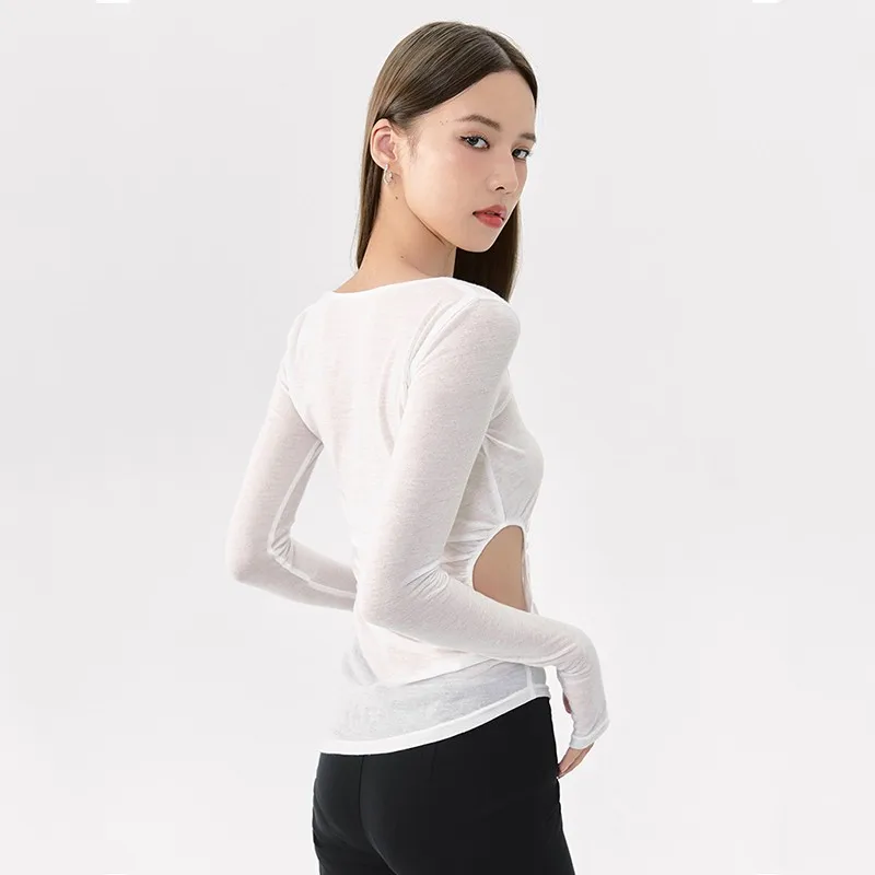 Karrram Корейская уличная женская футболка с длинным рукавом неправильной формы; Дизайнерская одежда с открытым вырезом; Прозрачные Сексуальные тонкие топы Изображение 2