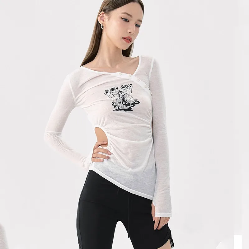 Karrram Корейская уличная женская футболка с длинным рукавом неправильной формы; Дизайнерская одежда с открытым вырезом; Прозрачные Сексуальные тонкие топы Изображение 4